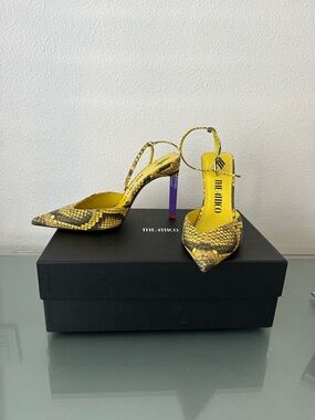 The Attico Yellow Snakeskin Pointed Slingback Heels with Purple Heel